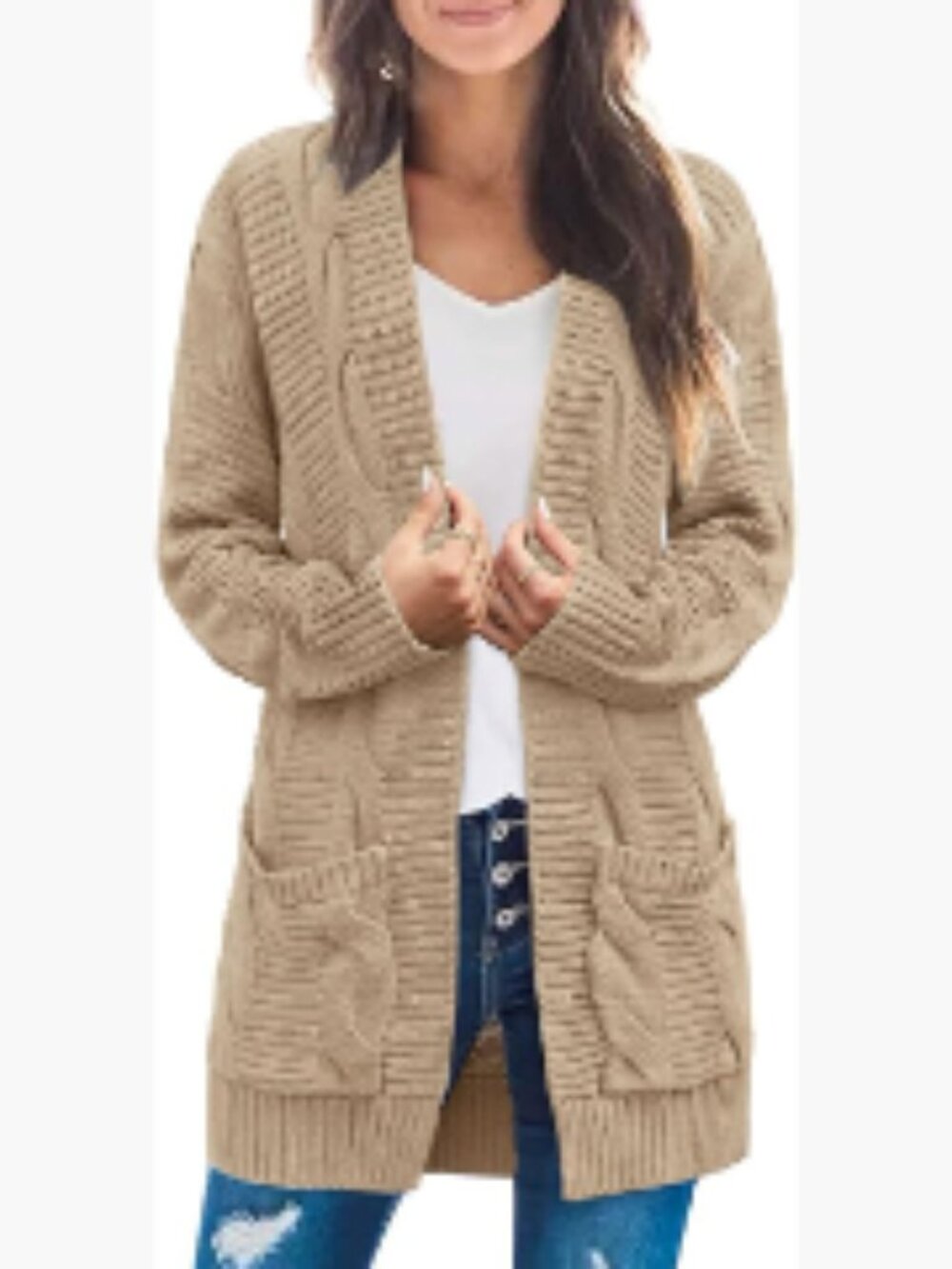 Long Sleeve Cable Knit Cardigan Open Front Sweater Coat Pockets Loose Chunky
